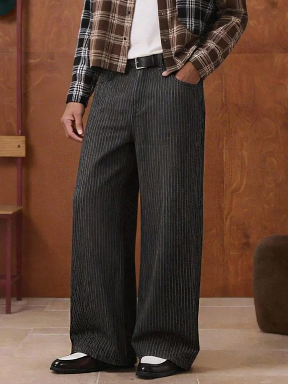 Black Casual Men's Striped Loose Wide Leg Jeans
